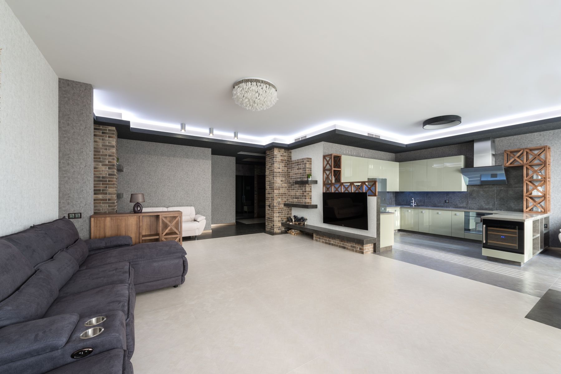 A finished basement converted into an open living space